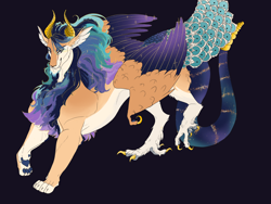 Size: 2400x1800 | Tagged: safe, artist:yesterdaysrunaway, oc, oc only, draconequus, hybrid, blue background, draconequus oc, ethereal mane, interspecies offspring, male, offspring, parent:discord, parent:princess celestia, parents:dislestia, simple background, solo