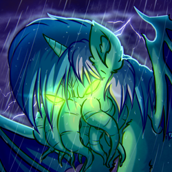 Size: 4000x4000 | Tagged: safe, artist:witchtaunter, lyra heartstrings, alicorn, pony, g4, bat wings, body horror, cthulhu, cthulhu mythos, cthulyra, ear fluff, eldritch abomination, glowing eyes, halloween, holiday, lightning, rain, solo, species swap, storm, tentacles, wet, wet mane, wings