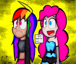 Size: 2048x1702 | Tagged: safe, artist:insomniaqueen, pinkie pie, rainbow dash, human, g4, :c, :d, abstract background, clothes, dark skin, duo, female, frown, humanized, midriff, open mouth, traditional art
