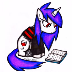 Size: 1376x1376 | Tagged: safe, artist:insomniaqueen, oc, oc only, pony, unicorn, book, clothes, female, frown, horn, mare, reading, signature, simple background, solo, traditional art, unicorn oc, white background
