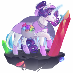 Size: 900x900 | Tagged: safe, artist:sadelinav, rarity, pony, unicorn, g4, alternate hairstyle, bag, boots, cape, clothes, crystal, dirt cube, ear piercing, female, floating island, gem, glowing horn, hair bun, headscarf, horn, leonine tail, looking at something, magic, mare, pickaxe, piercing, raised hoof, saddle bag, scarf, shoes, simple background, solo, standing, sweat, telekinesis, white background