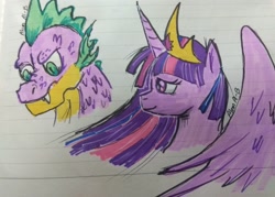 Size: 2997x2149 | Tagged: safe, artist:alom-b93, spike, twilight sparkle, alicorn, dragon, pony, g4, the last problem, bust, fanfic art, female, frown, gigachad spike, high res, horn, jewelry, lined paper, male, mare, older, older spike, older twilight, older twilight sparkle (alicorn), princess twilight 2.0, tiara, traditional art, twilight sparkle (alicorn), wings