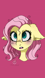 Size: 698x1200 | Tagged: safe, artist:pandacakeparty, fluttershy, pony, g4, blushing, bust, ear fluff, ear freckles, ear piercing, female, floppy ears, freckles, gap teeth, heart eyes, looking at you, mare, open mouth, piercing, pink background, portrait, simple background, solo, stray strand, three quarter view, wingding eyes