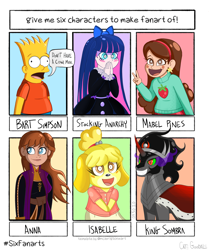Size: 2911x3489 | Tagged: safe, artist:insomniaqueen, king sombra, angel, dog, human, pony, unicorn, g4, :d, anarchy stocking, animal crossing, anna, bart simpson, bust, cape, clothes, crossover, female, frozen (movie), gravity falls, high res, isabelle, mabel pines, male, open mouth, panty and stocking with garterbelt, six fanarts, smiling, sombra eyes, stallion, the simpsons