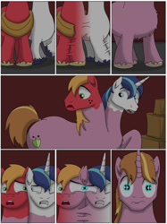 Size: 1000x1340 | Tagged: safe, artist:cactuscowboydan, big macintosh, shining armor, oc, oc:home defence, earth pony, pony, unicorn, comic:the birth of speedy hooves, g4, butt, comic, commissioner:bigonionbean, confused, extra thicc, flank, flashback, fuse, fusion, fusion:big macintosh, fusion:shining armor, male, merge, merging, parent:big macintosh, parent:shining armor, plot, shocked, stallion, the ass was fat, wide hips, writer:bigonionbean