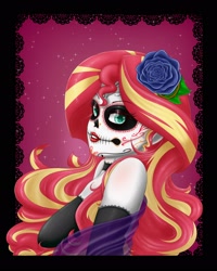 Size: 1638x2048 | Tagged: safe, artist:albertbm, sunset shimmer, equestria girls, g4, bust, choker, clothes, costume, dia de los muertos, female, halloween, halloween costume, holiday, lipstick, makeup, skeleton costume, solo