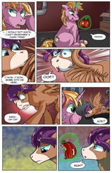 Size: 2036x3148 | Tagged: safe, artist:candyclumsy, oc, oc only, oc:fast hooves, oc:home defence, clydesdale, pegasus, pony, unicorn, comic:the birth of speedy hooves, apple, butt, comic, commissioner:bigonionbean, confused, cutie mark, dialogue, extra thicc, falling, flank, flashback, food, fusion, fusion:big macintosh, fusion:flash sentry, fusion:shining armor, fusion:trouble shoes, head shake, high res, magic, male, nibbling, parent:big macintosh, parent:shining armor, plot, shocked, stallion, surprised, thoughts, tripping, wing slap, writer:bigonionbean