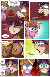 Size: 2036x3148 | Tagged: safe, artist:candyclumsy, oc, oc only, oc:fast hooves, oc:home defence, clydesdale, pegasus, pony, unicorn, comic:the birth of speedy hooves, apple, burp, butt, comic, commissioner:bigonionbean, confused, cutie mark, dialogue, extra thicc, falling, flank, flashback, food, fusion, fusion:big macintosh, fusion:flash sentry, fusion:shining armor, fusion:trouble shoes, giggling, head shake, high res, magic, male, neigh, nibbling, parent:big macintosh, parent:shining armor, plot, shocked, stallion, surprised, thoughts, tripping, whinny, writer:bigonionbean