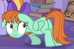 Size: 500x330 | Tagged: safe, screencap, peppermint goldylinks, pegasus, pony, g4, the ending of the end, bow, butt, cropped, female, friendship student, hair bow, mare, plot, solo