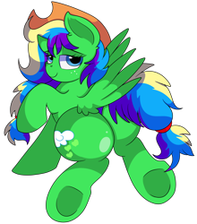 Size: 6500x7400 | Tagged: safe, artist:rainbowtashie, applejack, rainbow dash, oc, earth pony, pegasus, pony, g4, butt, commissioner:bigonionbean, cowboy hat, cutie mark, extra thicc, female, flank, freckles, fusion, hairband, hat, looking at you, looking back, looking back at you, mare, plot, ponytail, simple background, stetson, sultry pose, transparent background, underhoof, writer:bigonionbean