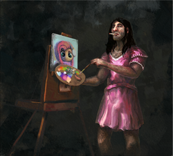 Size: 800x722 | Tagged: safe, artist:nemo2d, fluttershy, human, g4, clothes, dress, easel, oldfag, painting, self deprecation, smoking