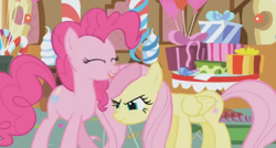 Size: 496x266 | Tagged: safe, screencap, fluttershy, pinkie pie, earth pony, pegasus, pony, g4, griffon the brush off, season 1, duo, eyes closed, fluttershy is not amused, hoof on head, i'm a year older than you, sugarcube corner, unamused