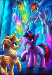Size: 2100x3028 | Tagged: safe, artist:atlas-66, applejack, rainbow dash, twilight sparkle, pegasus, pony, unicorn, fanfic:the empty room, g4, canterlot castle, canterlot throne room, high res, language, night, palace, stained glass, throne room, tongue out, wanderer d