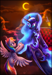 Size: 2100x3028 | Tagged: safe, artist:atlas-66, nightmare moon, rainbow dash, alicorn, pegasus, pony, fanfic:the empty room, g4, chariot, duo, eclipse, high res, lantern, luna's chariot, medallion, night, sky, wanderer d