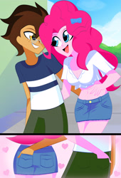 Size: 2732x4012 | Tagged: safe, artist:xan-gelx, pinkie pie, oc, oc:copper plume, equestria girls, g4, ass, balloonbutt, breasts, butt, butt touch, canon x oc, cleavage, clothes, commission, commissioner:imperfectxiii, copperpie, dating, denim skirt, female, freckles, glasses, hand in pocket, looking at each other, male, midriff, miniskirt, open mouth, shipping, shorts, skirt, straight