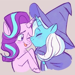 Size: 1449x1448 | Tagged: source needed, safe, artist:cosmicrewinds, starlight glimmer, trixie, pony, unicorn, blushing, cape, cheek kiss, clothes, cute, diatrixes, eyes closed, female, glimmerbetes, hat, horn, horns are touching, kissing, lesbian, mare, one eye closed, open mouth, shipping, simple background, smooch, startrix, white background