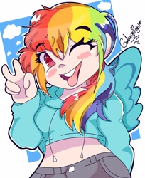 Size: 1674x2048 | Tagged: safe, artist:galaxynightt, rainbow dash, human, g4, blush sticker, blushing, clothes, cloud, colored pupils, cute, dashabetes, female, hoodie, humanized, looking at you, midriff, one eye closed, open mouth, peace sign, short shirt, solo, tongue out, winged humanization, wings, wink