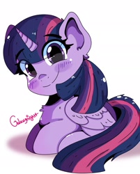 Size: 1542x1920 | Tagged: safe, artist:galaxynightt, twilight sparkle, alicorn, pony, g4, chest fluff, cute, ear fluff, eye clipping through hair, female, looking at you, lying down, mare, prone, simple background, smiling, solo, twiabetes, twilight sparkle (alicorn), white background