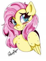 Size: 1440x1920 | Tagged: safe, artist:galaxynightt, fluttershy, pegasus, pony, g4, blushing, bust, chest fluff, cute, female, mare, shyabetes, simple background, smiling, solo, white background