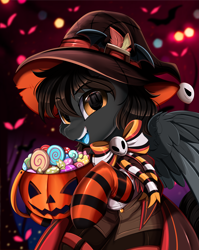 Size: 2550x3209 | Tagged: safe, artist:pridark, part of a set, oc, oc only, oc:nightstalker, bat pony, pony, bat pony oc, bat wings, candy, clothes, commission, food, halloween, hat, high res, holiday, jack-o-lantern, open mouth, pumpkin, solo, wings, witch hat, ych result