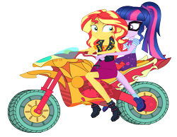 Size: 2733x2117 | Tagged: safe, artist:jcpreactyt, sci-twi, sunset shimmer, twilight sparkle, equestria girls, g4, biker, boots, clothes, female, girlfriend, gloves, high res, lesbian, motorcross, motorcycle, ship:sci-twishimmer, ship:sunsetsparkle, shipping, shoes, simple background, transparent background