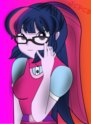 Size: 797x1080 | Tagged: safe, artist:jcpreactyt, sci-twi, twilight sparkle, equestria girls, g4, female, glasses, looking at you, ponytail, solo