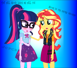 Size: 784x687 | Tagged: safe, artist:jcpreactyt, sci-twi, sunset shimmer, twilight sparkle, equestria girls, g4, blushing, clothes, crying, duo, duo female, female, girlfriend, lesbian, relationship, sad, sci-twi skirt, ship:sci-twishimmer, ship:sunsetsparkle, shipping, skirt