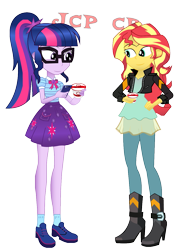 Size: 907x1262 | Tagged: safe, artist:jcpreactyt, sci-twi, sunset shimmer, twilight sparkle, equestria girls, g4, clothes, female, food, girlfriend, lesbian, pudding, relationship, sci-twi skirt, ship:sci-twishimmer, ship:sunsetsparkle, shipping, simple background, skirt, transparent background