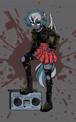 Size: 2170x3488 | Tagged: safe, artist:wii-san, oc, oc only, oc:elizabrat meanfeather, alicorn, bat pony, bat pony alicorn, anthro, alicorn oc, bad girl, bat pony oc, bat wings, boombox, boots, chains, choker, clone, clothes, commission, ear piercing, earring, female, high res, horn, jacket, jewelry, leather jacket, nail polish, piercing, punk, ripped stockings, shoes, skirt, socks, solo, stockings, sweater, thigh highs, torn clothes, wings, ych result