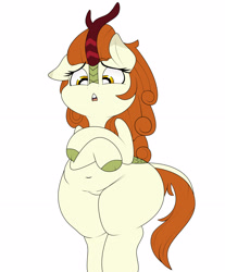 Size: 2704x3272 | Tagged: safe, artist:blitzyflair, autumn blaze, kirin, autumn blob, belly button, bipedal, chubby, cloven hooves, fat, female, open mouth, simple background, thick, thighs, thunder thighs, white background