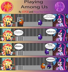Size: 1920x2013 | Tagged: safe, artist:jcpreactyt, sci-twi, sunset shimmer, twilight sparkle, equestria girls, g4, among us, betrayal, comic, dead, death, duo, female, lesbian, ship:sci-twishimmer, ship:sunsetsparkle, shipping