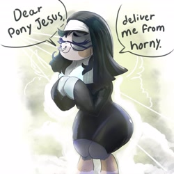 Size: 4096x4096 | Tagged: safe, artist:fiyawerks, oc, oc:mama chubs, earth pony, pony, cute, dialogue, earth pony oc, eyes closed, funny, glasses, horny, meme, nose piercing, nun, piercing, pony jesus, praying, simple background