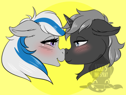 Size: 2760x2070 | Tagged: safe, artist:kikisinkspray, oc, oc only, oc:lady lightning strike, oc:the ghost, pegasus, pony, unicorn, blushing, boop, duo, high res, looking at each other, romantic, simple background