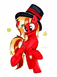 Size: 2322x3126 | Tagged: safe, artist:liaaqila, derpibooru exclusive, oc, oc only, oc:cherry spirit, earth pony, pony, commission, cute, cutie mark, female, hat, high res, magician, mare, mouth hold, raised hoof, signature, simple background, solo, stars, top hat, traditional art, wand, white background