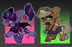 Size: 3028x2000 | Tagged: safe, artist:ak4neh, applejack, twilight sparkle, bat pony, earth pony, pony, vampire, g4, bat wings, clothes, costume, duo, fangs, female, halloween, halloween costume, high res, holiday, leonine tail, mare, neon, open mouth, overalls, scarecrow, stitches, wings