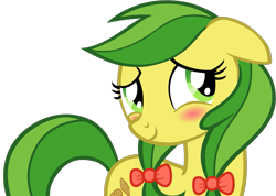 Size: 1161x825 | Tagged: safe, artist:nano23823, apple fritter, earth pony, pony, g4, .svg available, apple family member, blushing, bow, eyelashes, female, hair bow, mare, simple background, smiling, solo, svg, transparent background, vector