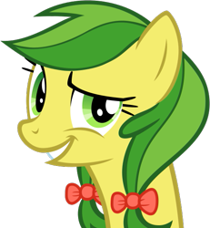 Size: 545x591 | Tagged: safe, artist:nano23823, apple fritter, earth pony, pony, g4, .svg available, always works, apple family member, bow, bust, dreamworks face, female, grin, hair bow, looking at you, mare, simple background, smiling, smirk, solo, svg, transparent background, vector