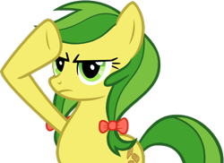 Size: 497x362 | Tagged: safe, artist:nano23823, apple fritter, earth pony, pony, g4, .svg available, apple family member, base used, bow, eyelashes, female, frown, hair bow, mare, rainbow dash salutes, salute, simple background, solo, svg, transparent background, underhoof, vector