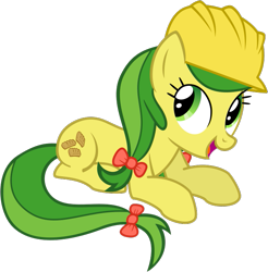 Size: 683x695 | Tagged: safe, artist:nano23823, apple fritter, earth pony, pony, g4, .svg available, apple family member, bow, eyelashes, female, hair bow, hard hat, lying down, mare, open mouth, prone, simple background, solo, svg, transparent background, vector