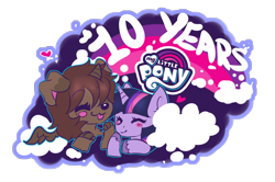 Size: 1384x920 | Tagged: safe, twilight sparkle, oc, alicorn, dog, pony, unicorn, mlp fim's tenth anniversary, g4, anniversary, chibi, cloud, cute, furry, happy, happy birthday mlp:fim, heart, hug, my little pony logo, simple background, transparent background, wholesome