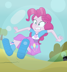 Size: 1700x1805 | Tagged: safe, artist:grapefruitface1, pinkie pie, equestria girls, g4, bubble, bubble blower, bubble machine, clothes, floating, hill, panties, panty shot, pink underwear, scared, show accurate, skirt, solo, trapped, tree, underwear, upskirt, worried