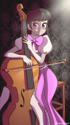 Size: 618x1100 | Tagged: safe, artist:riouku, octavia melody, equestria girls, g4, bow (instrument), bowtie, cello, clothes, dress, female, musical instrument, side slit, sitting, solo, stool