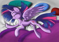 Size: 2841x2008 | Tagged: safe, artist:itchystomach, twilight sparkle, alicorn, pony, g4, bed, chest fluff, high res, pillow, solo, twilight sparkle (alicorn)