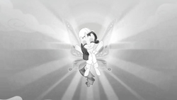 Size: 1280x720 | Tagged: safe, edit, edited screencap, screencap, rarity, pony, g4, sonic rainboom (episode), crepuscular rays, desaturated, eyes closed, flying, glimmer wings, hard hat, solo, sun, weather factory uniform, wings