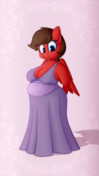 Size: 3240x5760 | Tagged: safe, artist:andelai, oc, oc:redbow rose, pegasus, anthro, belly, big belly, big breasts, breasts, chubby, cleavage, clothes, dress, fat, pegasus oc, pretty, wings