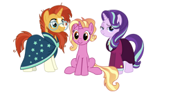 Size: 1280x681 | Tagged: safe, artist:potterheadzz, luster dawn, starlight glimmer, sunburst, pony, unicorn, g4, beard, clothes, facial hair, female, luster dawn is starlight's and sunburst's daughter, male, mare, older, older starlight glimmer, older sunburst, ship:starburst, shipping, simple background, skirt, smiling, smirk, stallion, straight, suit, transparent background, vector
