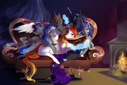 Size: 1600x1080 | Tagged: safe, artist:bunnari, oc, oc only, oc:phobos, alicorn, changeling, pony, couch, female, fireplace, magic, mare
