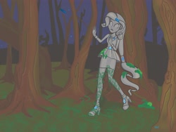 Size: 4000x3000 | Tagged: safe, artist:segiem-nemsen, rarity, equestria girls, g4, clothes, cute, dark, female, fetish, forest, forest background, frightened, high heels, jewelry, leaves, legs, moss, night, outdoors, petrification, plants, raribetes, shoes, skirt, solo, statue, vine