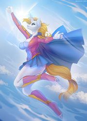 Size: 1000x1400 | Tagged: safe, artist:margony, oc, oc only, unicorn, anthro, unguligrade anthro, ass, breasts, butt, cape, clothes, commission, digital art, ear fluff, female, flying, glowing horn, horn, magic, skirt, solo, suit, superhero, tail