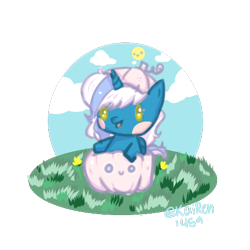 Size: 500x500 | Tagged: safe, artist:kairen1459, oc, oc only, oc:fleurbelle, alicorn, pony, alicorn oc, blushing, chibi, cloud, female, flower, grass, horn, if i fits i sits, mare, pumpkin, sky, solo, wings